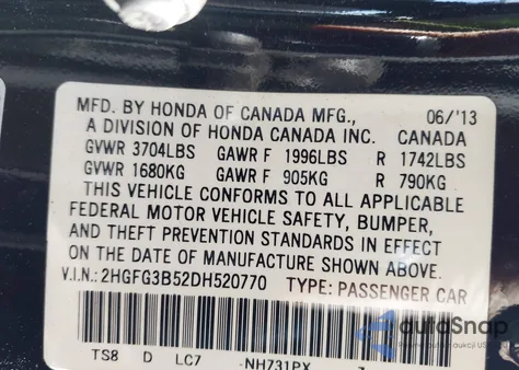 2013 Honda Civic Lx z USA, uszkodzony, nr VIN 2HGFG3B52DH520770